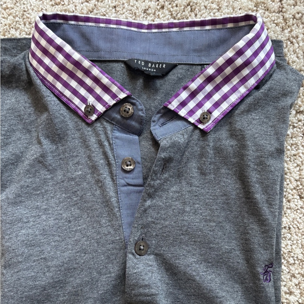 TED BAKER LONDON Men’s Polo Charcoal Gray Gingham Button-down Collar Size 5 - Picture 3 of 11